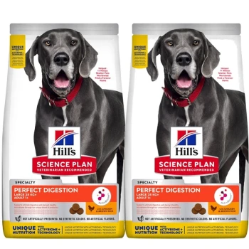 Zwei 25 kg Beutel Hill's Science Plan Hundefutter für große Hunde, beschriftet mit "Spezialität Perfekte Verdauung" und "Vom Tierarzt empfohlen."