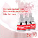 Drie FELIWAY Friends navulflesjes op roze fonkelende achtergrond; zichtbare tekst: 'Ontspannend ... voor katten'; '3x 30 DAGEN'.