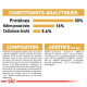 Informations nutritionnelles pour la nourriture pour animaux de compagnie, détaillant les protéines (30 %), les graisses (16 %) et les fibres (5,6 %), avec la composition et les additifs listés.