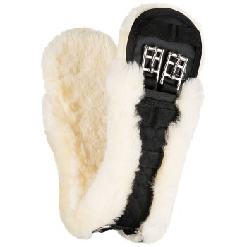 Pferdegurt in Schwarz und Creme mit weichem Fleecefutter und Metallbeschlägen, entworfen für Komfort und Unterstützung.