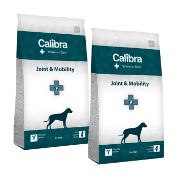 Canine Joint & Mobility 2x2 kg Zwei Beutel von Calibra Veterinary Diets, beschriftet mit 'Gelenk & Mobilität' für Hunde, mit einer Silhouette eines Hundes und einem veterinärmedizinischen Symbol.