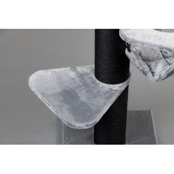 Grauer Plüsch-Katzenbaum mit zwei flachen Plattformen und einem schwarzen sisalumwickelten Pfosten, entworfen zum Klettern und Ausruhen.