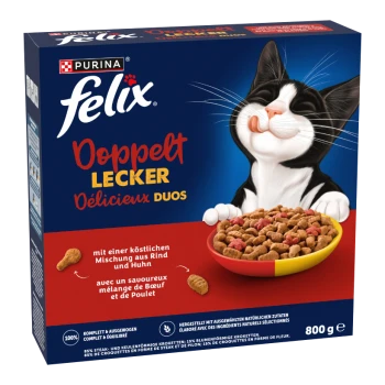 Purina Felix 'Doppelt Lecker Délicieux Duos' Katzenfutterkarton mit schleckender schwarz-weißer Katze und Futterschüssel, 800 g.
