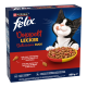 Purina Felix 'Doppelt Lecker Délicieux Duos' Katzenfutterkarton mit schleckender schwarz-weißer Katze und Futterschüssel, 800 g.
