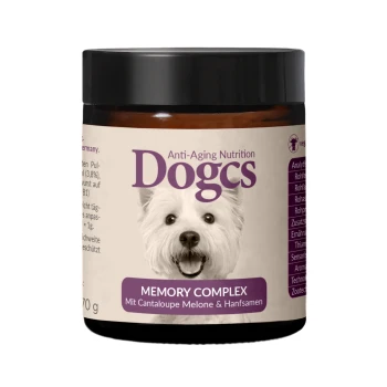 Hundesupplement-Glas Dogcs Memory Complex für Hunde, mit einem weißen Hund auf dem Etikett, mit Text, der die anti-aging Ernährung hervorhebt.