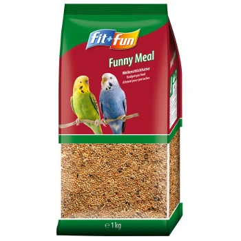 A 1 kg bag of "Funny Meal" budgerigar feed from fit+fun, featuring two colorful budgies perched on a branch on the front.