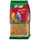A 1 kg bag of "Funny Meal" budgerigar feed from fit+fun, featuring two colorful budgies perched on a branch on the front.