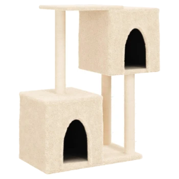 Ein beiger Katzenbaum mit zwei Ebenen, der zwei würfelförmige Verstecke mit gewölbten Eingängen und einer flachen Oberseite zum Entspannen bietet.