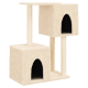Ein beiger Katzenbaum mit zwei Ebenen, der zwei würfelförmige Verstecke mit gewölbten Eingängen und einer flachen Oberseite zum Entspannen bietet.