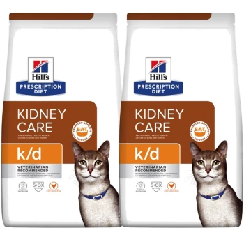Hill's Prescription Diet Kidney Care kattenvoerzakken, met een grijze kat met een blauwe halsband, gelabeld "k/d" en "Veterinair Aanbevolen."