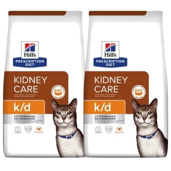 Hill's Prescription Diet Kidney Care Katzenfutterbeutel, mit einer grauen Katze mit einem blauen Halsband, beschriftet mit "k/d" und "Vom Tierarzt empfohlen."