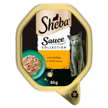 Sheba Sauce Collection cat food tray, gray cat image and bowl of turkey in white sauce, 85g