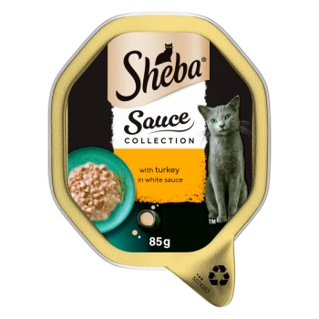 Sheba Sauce Collection cat food tray, gray cat image and bowl of turkey in white sauce, 85g