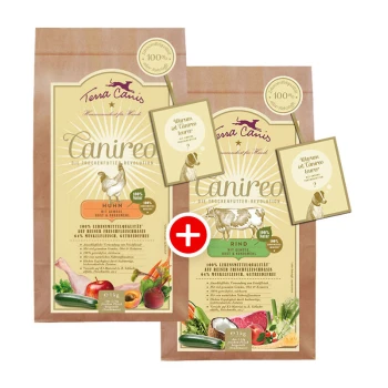Zwei Tüten Terra Canis Trockenfutter für Hunde, beschriftet mit "Huhn" und "Rind", mit Illustrationen der Zutaten und einer Fragekarte.