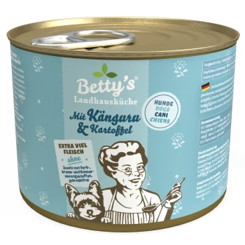 Dose mit Betty's Landhausküche Hundefutter mit Känguru und Kartoffel, mit einem Zuglaschenverschluss und einem Cartoon-Koch, der einen Löffel hält.