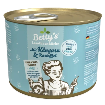 Dose mit Betty's Landhausküche Hundefutter mit Känguru und Kartoffel, mit einem Zuglaschenverschluss und einem Cartoon-Koch, der einen Löffel hält.