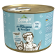 Dose mit Betty's Landhausküche Hundefutter mit Känguru und Kartoffel, mit einem Zuglaschenverschluss und einem Cartoon-Koch, der einen Löffel hält.