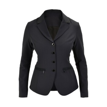 Schwarzer taillierter Blazer mit Reverskragen, fünf Knöpfen und zwei Fronttaschen, der ein elegantes und professionelles Design zeigt.