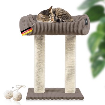 ® moderner Kratzbaum, Kratzsäulen aus Vollholz, Katzenbett mit Wendekissen