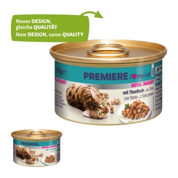 Puszki z karmą dla kotów z wesołym kotem tabby, oznaczone "Premiere I love my cat" z "Royal Ragout" i "mit Thunfisch" (z tuńczykiem).