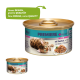 Katzenfutterdosen mit einer verspielten getigerten Katze, beschriftet mit 'Premiere I love my cat' mit 'Royal Ragout' und 'mit Thunfisch.'