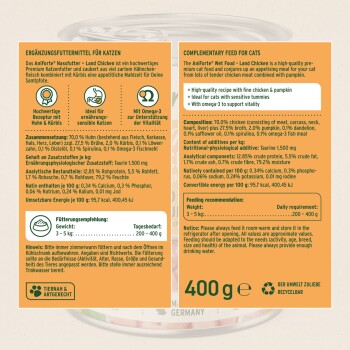 Ergänzungsfutter für Katzen mit Huhn und Kürbis, mit Nährwertangaben und Fütterungsempfehlungen. 400 g.