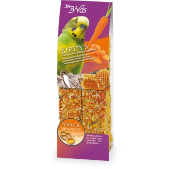 Birdy's Honig-Austernschalen-Möhrensnack für Wellensittiche, mit einem grünen Wellensittich, einer Karotte und Waben auf der Verpackung.