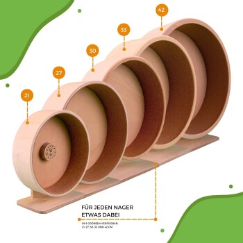 Holz-Übungsräder für kleine Haustiere, erhältlich in den Größen 21, 27, 30, 33 und 42 cm, mit dem Text "Für jeden Nager etwas dabei."