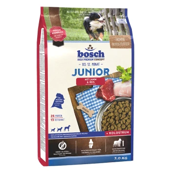 Bosch Junior Hundefutterbeutel, 3 kg, mit Lamm und Reis, mit Text, der 25% Protein, 13% Fett und Eignung für Welpen hervorhebt.