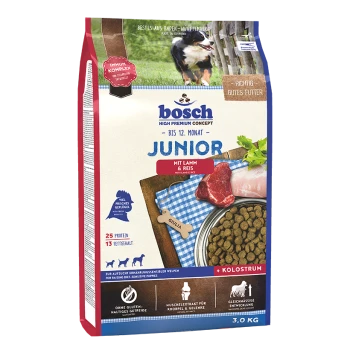 Bosch Junior Hundefutterbeutel, 3 kg, mit Lamm und Reis, mit Text, der 25% Protein, 13% Fett und Eignung für Welpen hervorhebt.