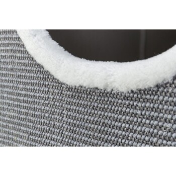 Nahaufnahme eines gemütlichen grauen Haustierbettes mit einem weichen weißen Fleece-Rand, das seinen strukturierten Stoff und einladendes Design zeigt.