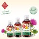 Flaschen mit Mariendistel-Öl für Hunde, gekennzeichnet mit Vorteilen wie Omega-6- und Omega-9-Fettsäuren sowie Vitamin E.