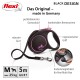 Eine schwarze und rosa Flexi ausziehbare Hundeleine mit ergonomischem Griff, mit einem 5 m langen Riemen für Hunde bis 25 kg, beschriftet mit den wichtigsten Merkmalen auf Deutsch.