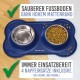Blaues Futtermatte für Haustiere mit zwei Edelstahlschalen, mit Text über Sauberkeit und vier Schalen-Einsätze enthalten.