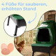 Grüner erhöhter Kunststoff-Hühnerstall auf vier Beinen mit Hennen und Eiern; Text oben: '4 Füße für sauberen, erhöhten Stand'.