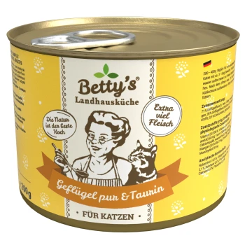 Geflügel pur & Taurin 6x200 g Gelbe Dose Katzenfutter mit der Aufschrift "Betty's Landhausküche Geflügel pur & Taurin" mit einer Illustration eines Kochs und einer Katze, mit dem Text "Extra viel Fleisch."