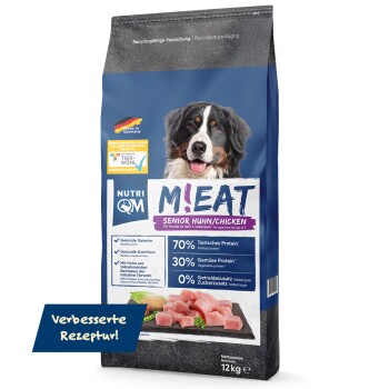 Blau-schwarze Tüte Nutri QM M!EAT Senior Chicken Hundefutter mit Bild eines Berner Sennenhunds und Nährwertangaben.
