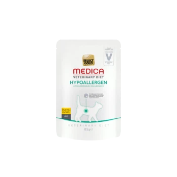 Pochette de nourriture pour chat Select Gold Medica Hypoallergénique, 85g, avec une silhouette blanche de chat et le texte 'Hypoallergen'.