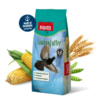 PANTO Taubenfutterbeutel mit einer fliegenden Taube, mit Text, der hochwertige Komponenten und vitale Granulate für die Gesundheit hervorhebt.