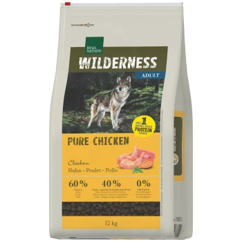 Sac de nourriture pour animaux adultes Wilderness Pure Chicken 12 kg, image d'un loup, morceaux de poulet, étiquette Real Nature, 60 %/40 %/0 %.