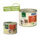 Zwei Dosen Real Nature Haustierfutter: eine größere "Original", eine kleinere "Pute mit Reis", beide mit Hund- und Hühnerdesigns und einer grünen Sprechblase.