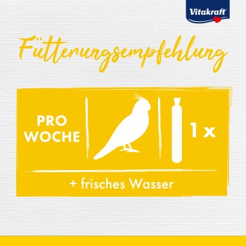 Fütterungsempfehlung für Vögel: 1 Stock pro Woche + frisches Wasser, mit einem gelben Hintergrund und einer weißen Vogelsilhouette.