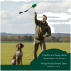 Nahaufnahme eines grünen Stoff-Hundespiels mit verstärkten Nähten und einem schwarzen Zugriemen.