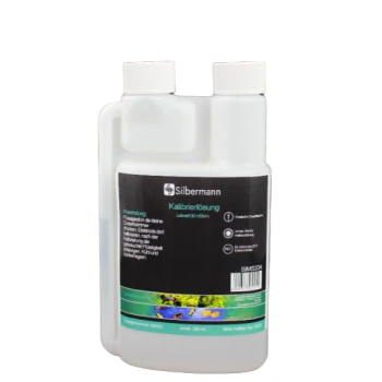 Flasche mit Silbermann Kalibrierlösung, 250 ml, mit schwarzem Etikett, das Anwendungshinweise und Produktinformationen enthält.