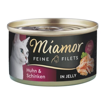 Miamor Katzenfutterdose mit einem Bild einer weißen Katze, beschriftet "Feine Filets Huhn & Schinken in Jelly", was auf 100% Filetanteil hinweist.