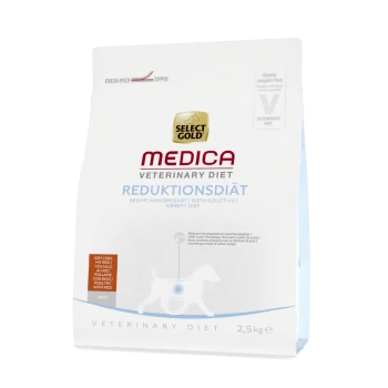 Medica Reduktionsdiät Mini Geflügel 2,5 kg Select Gold Medica Veterinary Diet Adipositas-Diät Hundefutterbeutel, 2,5 kg, mit Text in mehreren Sprachen und einer Hundesilhouette.