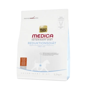 Select Gold Medica Veterinary Diet Adipositas-Diät Hundefutterbeutel, 2,5 kg, mit Text in mehreren Sprachen und einer Hundesilhouette.