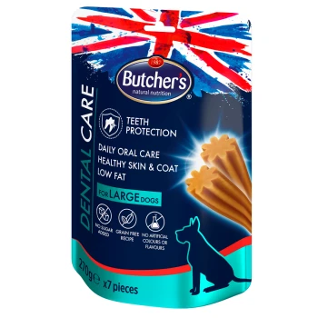 Przysmaki dentystyczne dla psów dużych Butcher's Dental Care, 270g, w designie Union Jack, niskotłuszczowe, bez zbóż, bez cukru, wspomagające zdrowie zębów i sierści.