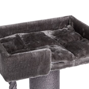 Graues plüschiges Katzenbett mit einem weichen Kissen und erhöhten Rändern, entworfen für Komfort und Entspannung.