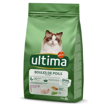 Boules de poils avec de la Dinde 1,5 kg Sac vert de nourriture pour chat Ultima, 1,5 kg, présentant un chat blanc sur le devant, étiqueté "Boules de Poils" avec des ingrédients comme de la dinde et des pois.
